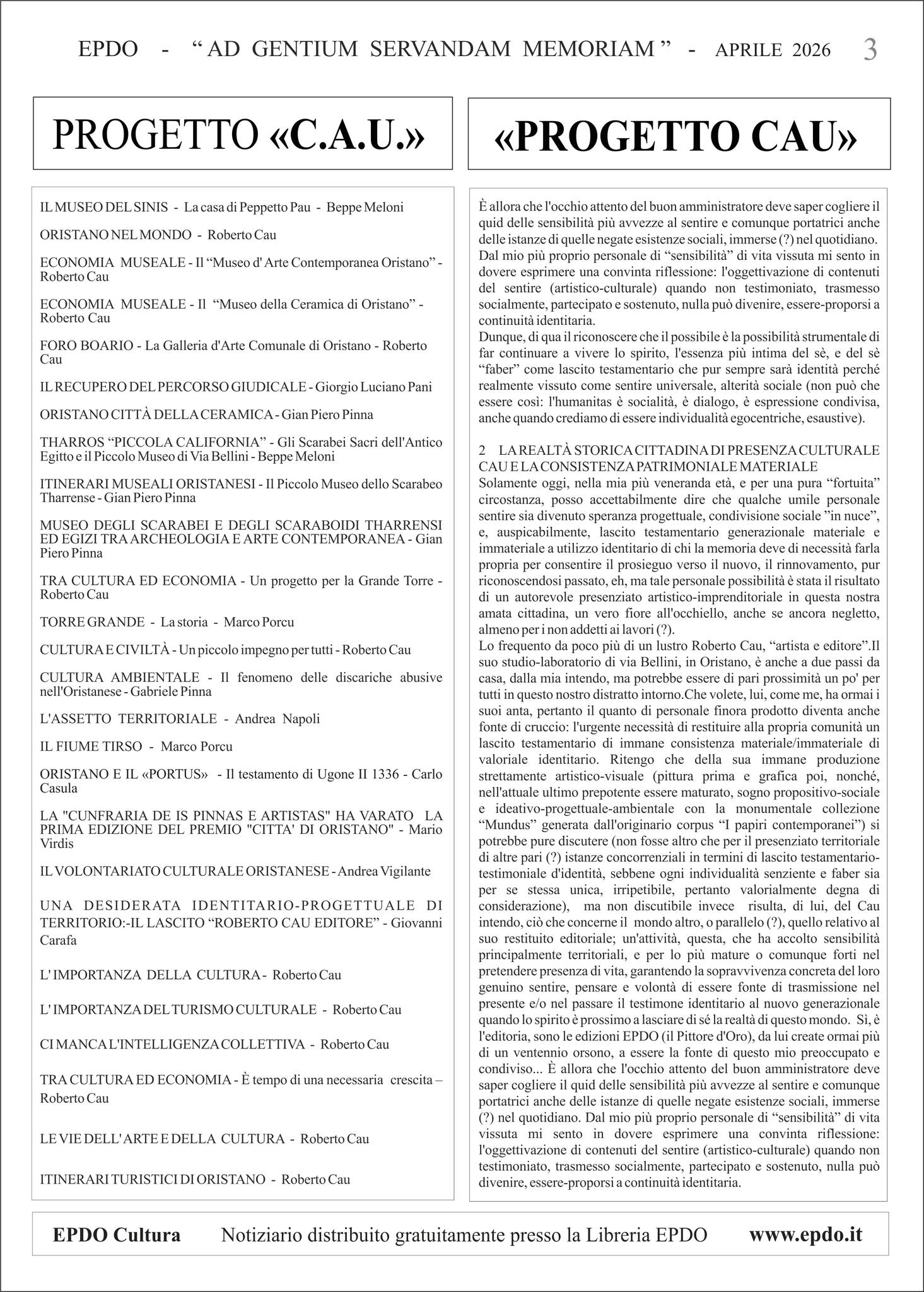 Notiziario Culturale EPDO Oristano